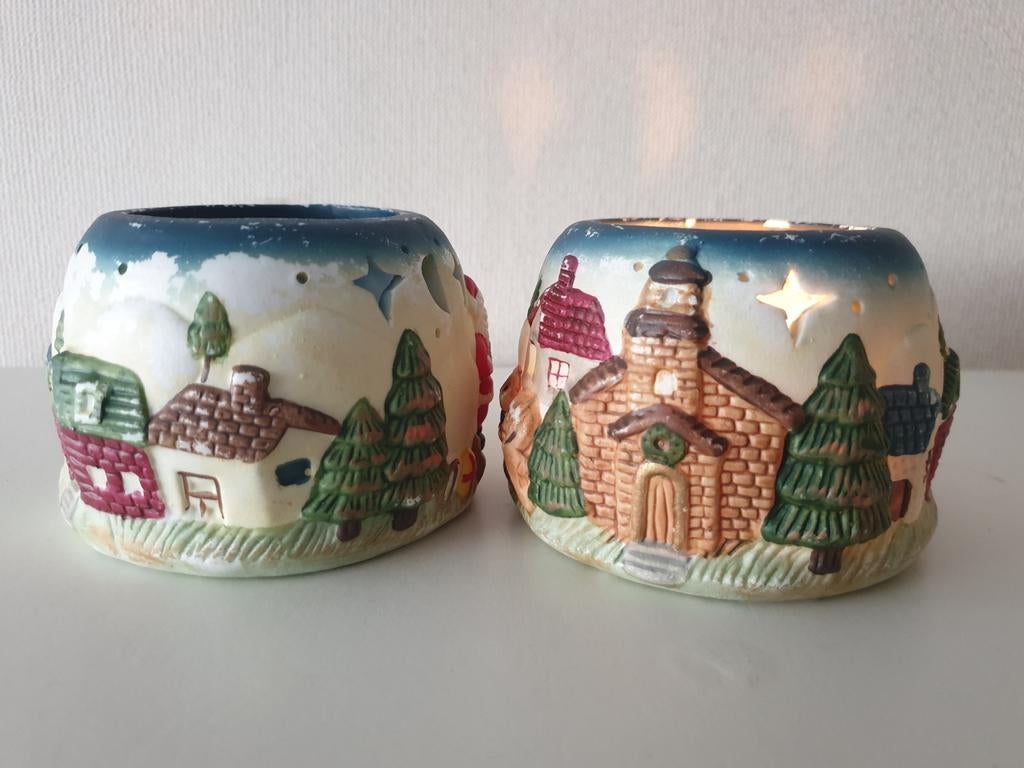 Set 2 vintage waxinelichthoudertjes. Italiaanse keramiek., Ophalen of Verzenden, Gebruikt