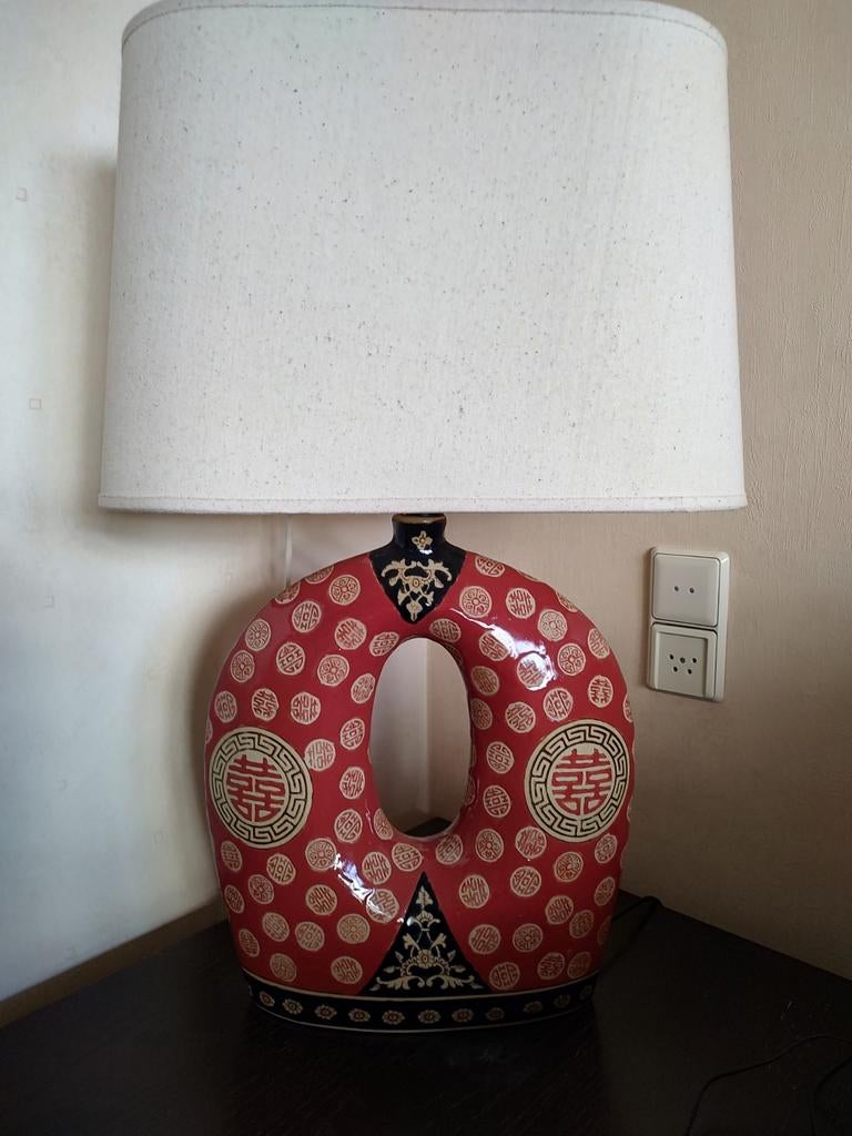 Chinese keramieken lamp met linnen lampenkap, Huis en Inrichting, Lampen | Tafellampen, Ophalen, Zo goed als nieuw, Minder dan 50 cm