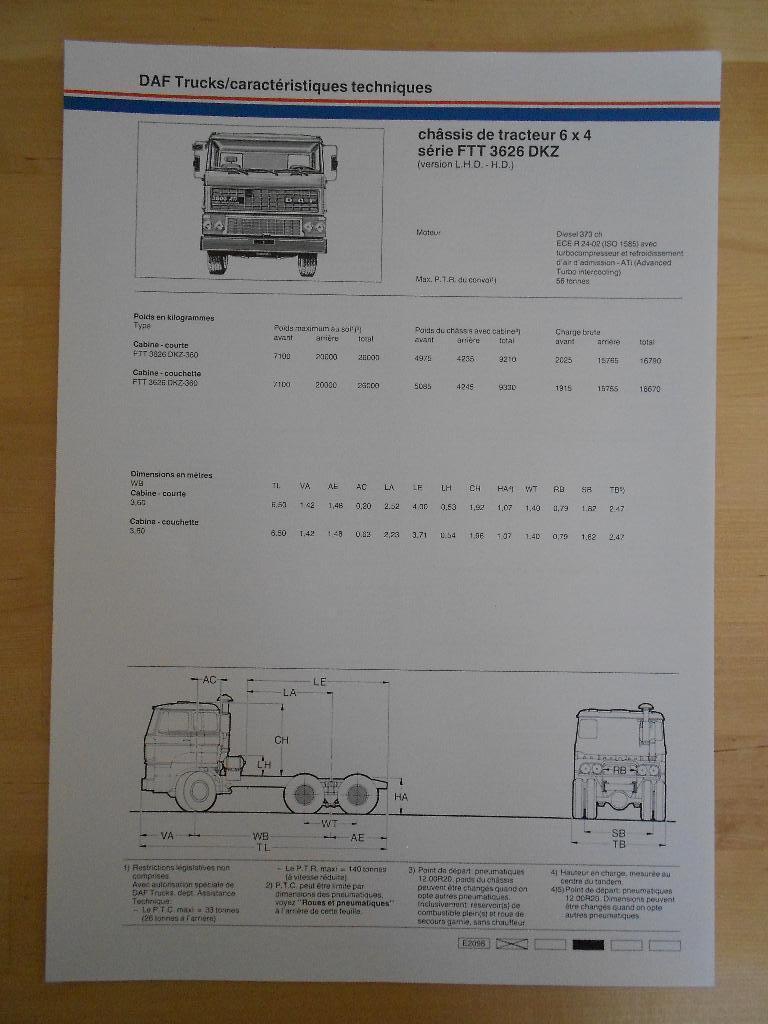 DAF FTT 3600 DKZ Technische Specificatie Brochure 1985 6x4, Ophalen of Verzenden, Zo goed als nieuw, Overige merken, DAF