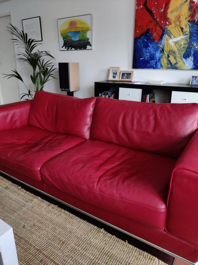 Rode leren bank van IKEA, Huis en Inrichting, Ophalen, Gebruikt, Driepersoons, Rechte bank