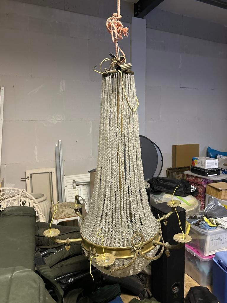 Antieke zakkroonluchter Sack de Perles Louis Seize, Ophalen, Gebruikt, Glas