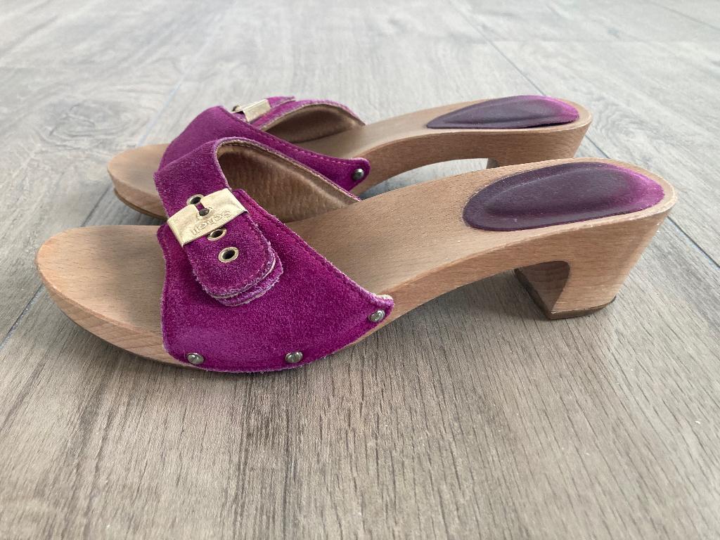 Lage paars suède lederen kleppers Scholl mt 38, Scholl, Overige kleuren, Gedragen, Sandalen of Muiltjes