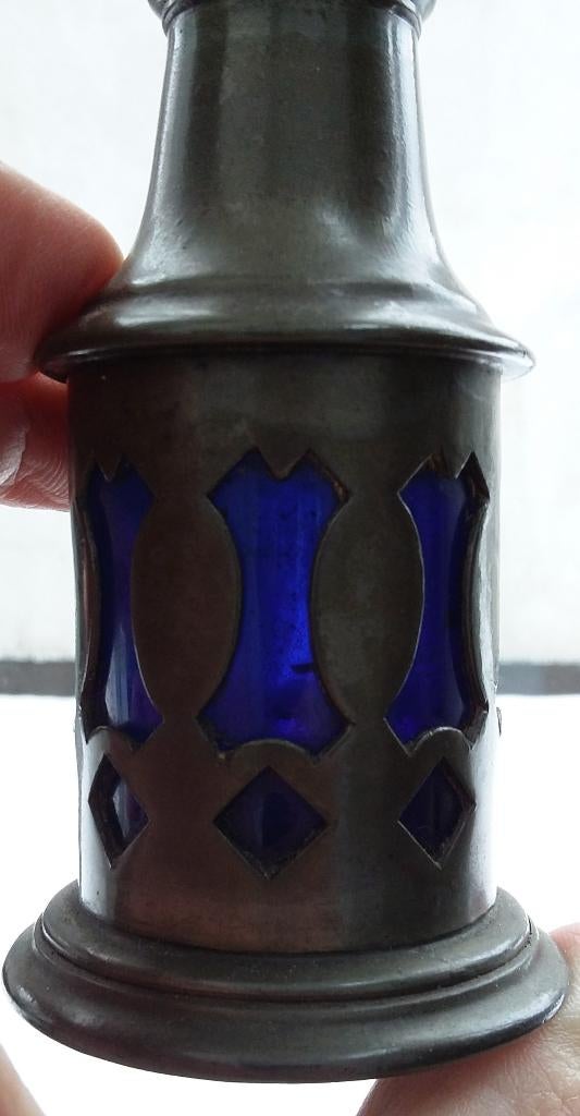 Om1850-1875 Tin Zoutstrooier Strooier Binnenzijde BLAUW GLAS, Antiek en Kunst, Ophalen of Verzenden