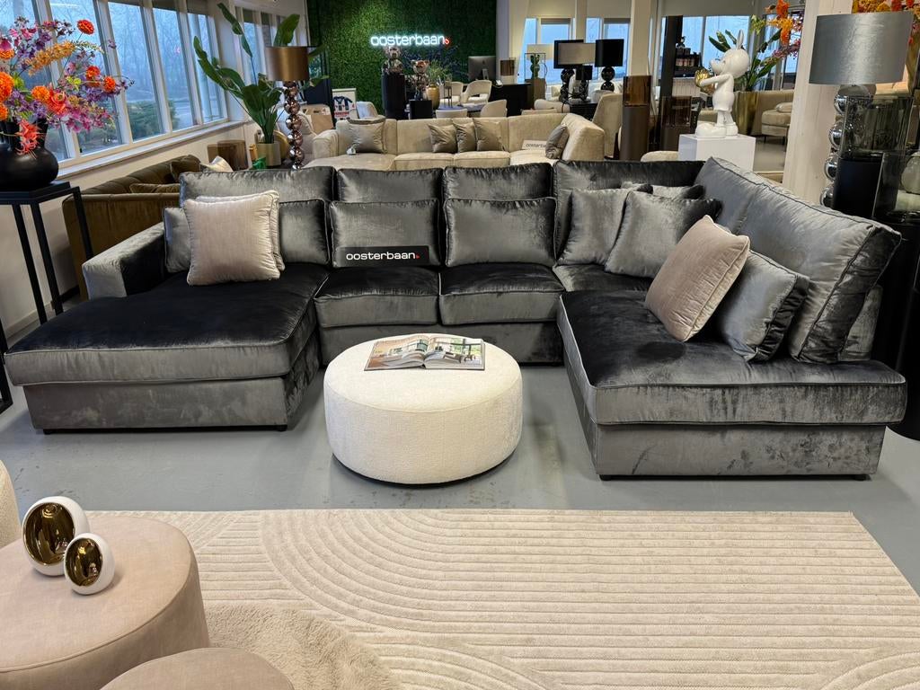 ACTIE - Luxe Velvet U-bank Pocket 170x350x220cm Grijs NIEUW, Huis en Inrichting, Banken | Bankstellen, Info@oosterbaanwonen.nl