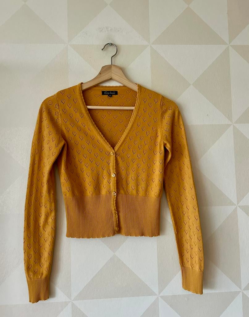 King Louie Cardi V Ajour vest hart mosterdgeel XS/34 zgan, Ophalen of Verzenden, Zo goed als nieuw, Maat 34 (XS) of kleiner, Geel