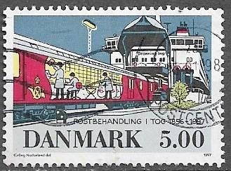 DENEMARKEN 5,00 Kr. zegel Ingebruikneming Posttrein 1997, Ophalen of Verzenden, Gestempeld, Treinen