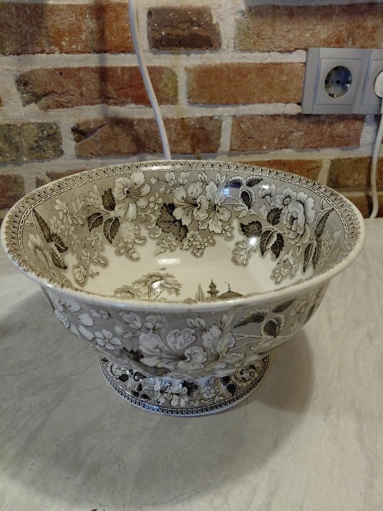 Antieke Victoriaanse Transferware Kom - Bruin/Wit, Ophalen of Verzenden
