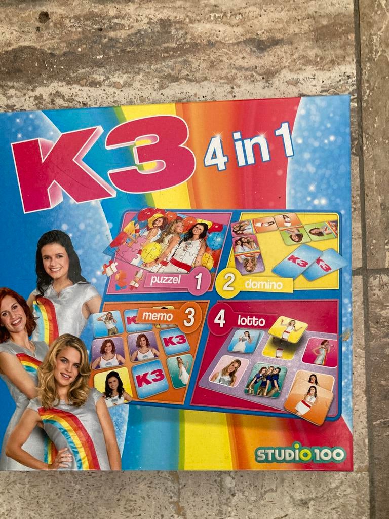 K3 spel 4 in 1,  lotto, memo, domino en 1 puzzel 50 stukjes, Ophalen of Verzenden, Zo goed als nieuw, Studio 100