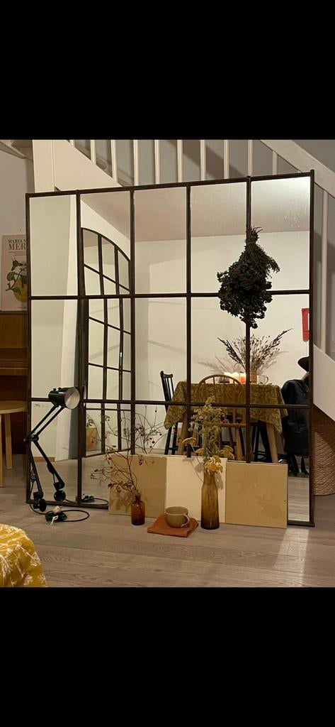 Industriele stalen spiegel met ruiten, Ophalen, Vierkant, 150 tot 200 cm, 150 tot 200 cm