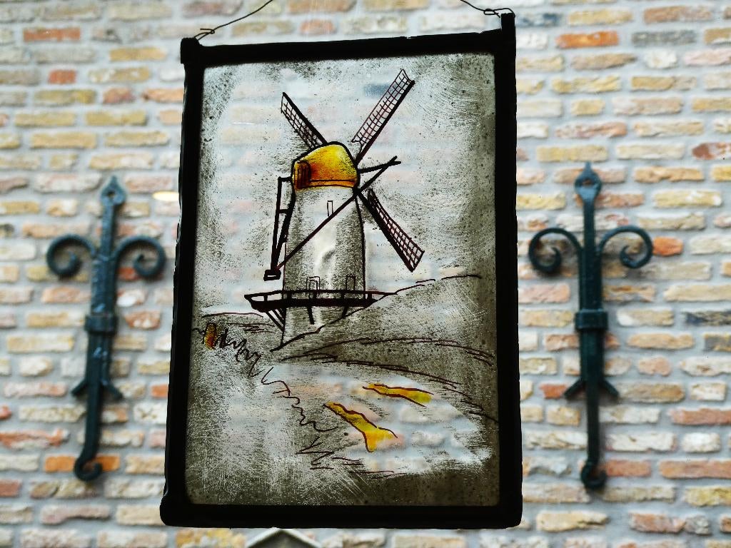 Antiek glas in lood raamhanger een oranje molen, Antiek en Kunst, Curiosa en Brocante, Ophalen of Verzenden