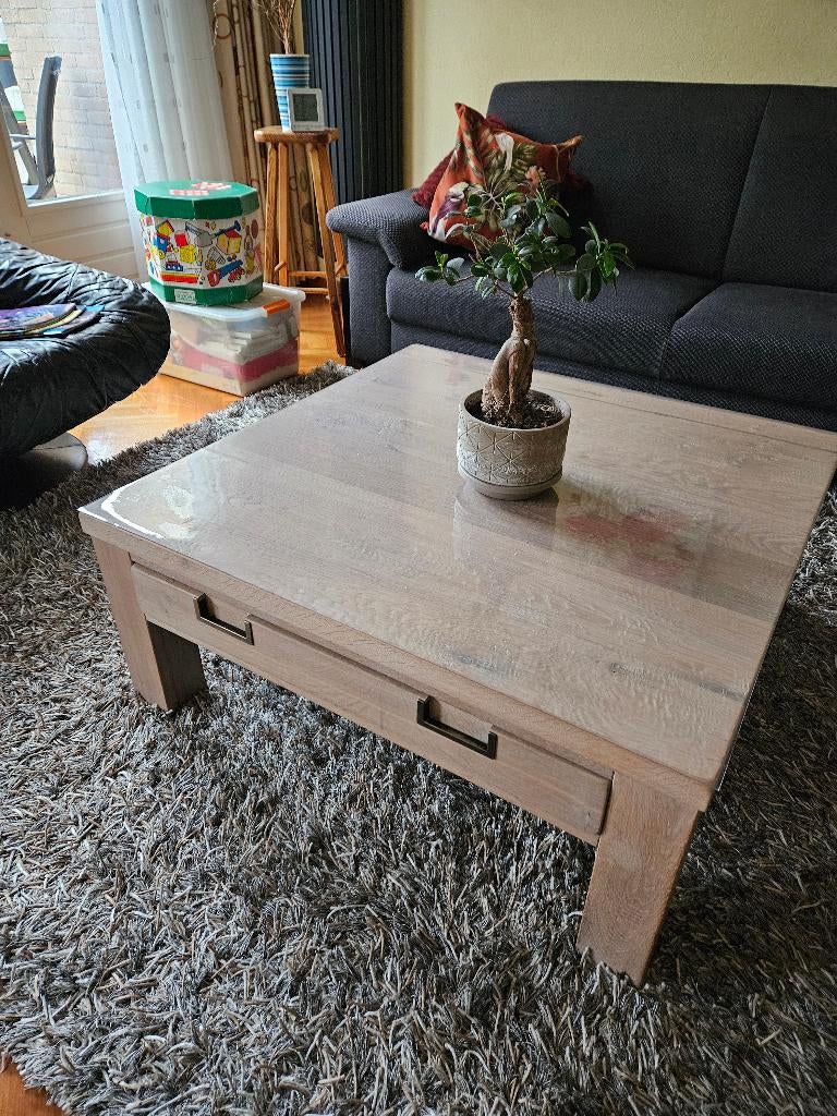 Massief eiken salontafel 85 cm x 95 cm met lade, Huis en Inrichting, Tafels | Salontafels, Ophalen, 50 tot 100 cm, Nieuw, 50 tot 100 cm