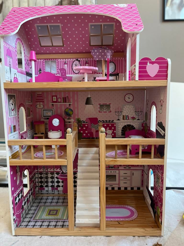 Roze poppenhuis met meubels, Kinderen en Baby's, Speelgoed | Poppenhuizen, Ophalen, Gebruikt, Poppenhuis