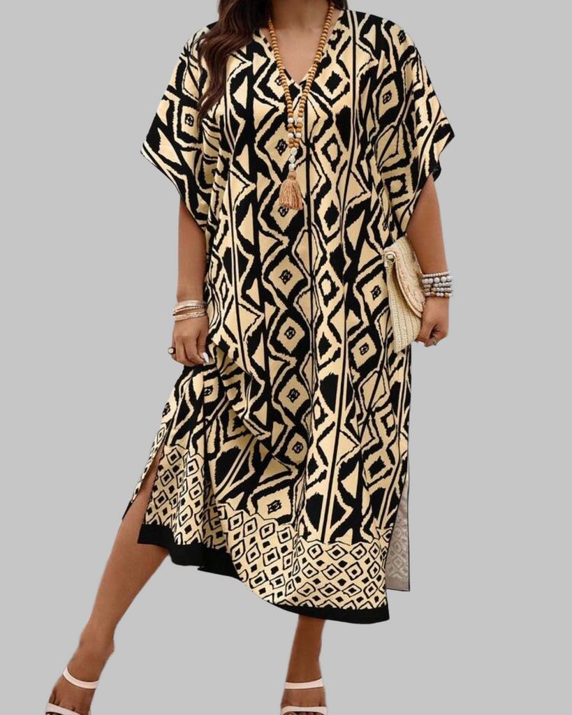 Zomerse Kaftan Jurk met Etnische Print - Zwart/Beige, Verzenden, Nieuw, Zwart, Jurk