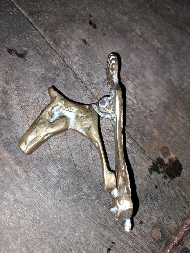 Antieke koperen paardenhoofd deurklopper 12x4 cm, Antiek en Kunst, Ophalen of Verzenden
