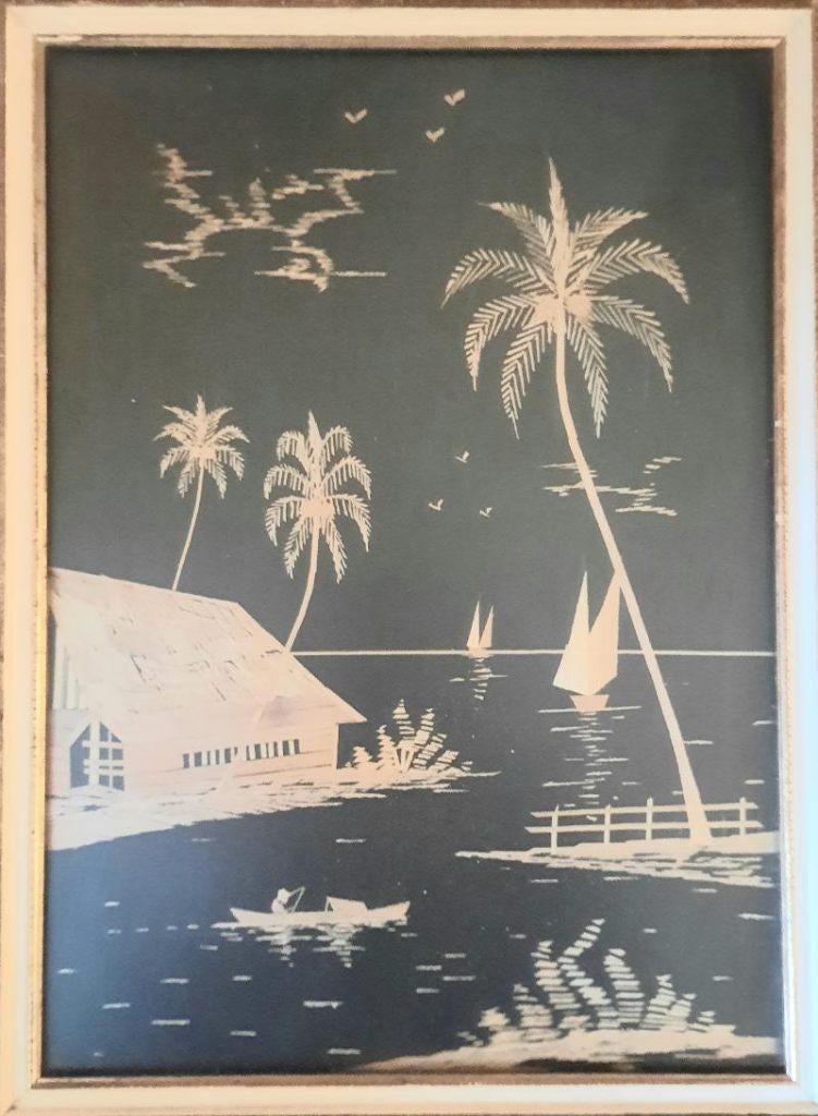 Echte rijst stro schilderij met palmbomen, Antiek en Kunst, Ophalen of Verzenden