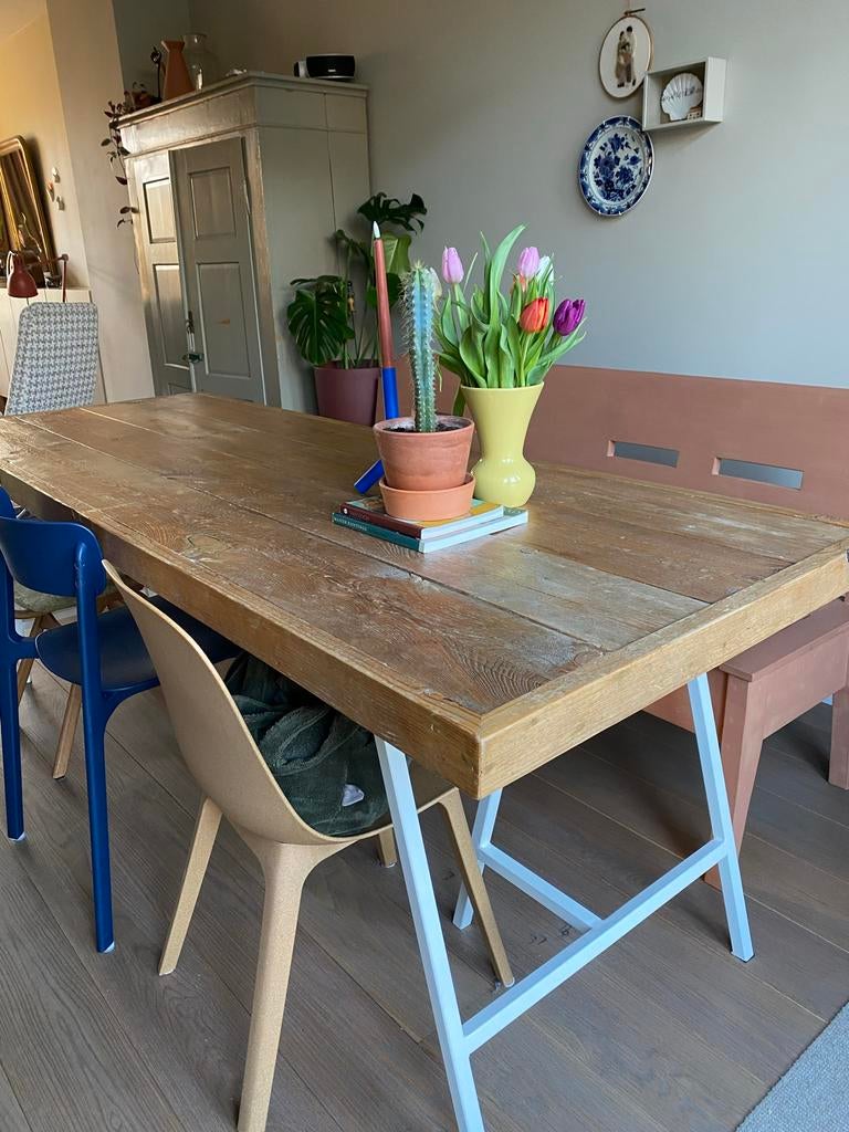 Pure Wood Houten Eettafel 220x85 cm stale frame, Ophalen, Gebruikt, 200 cm of meer, 50 tot 100 cm