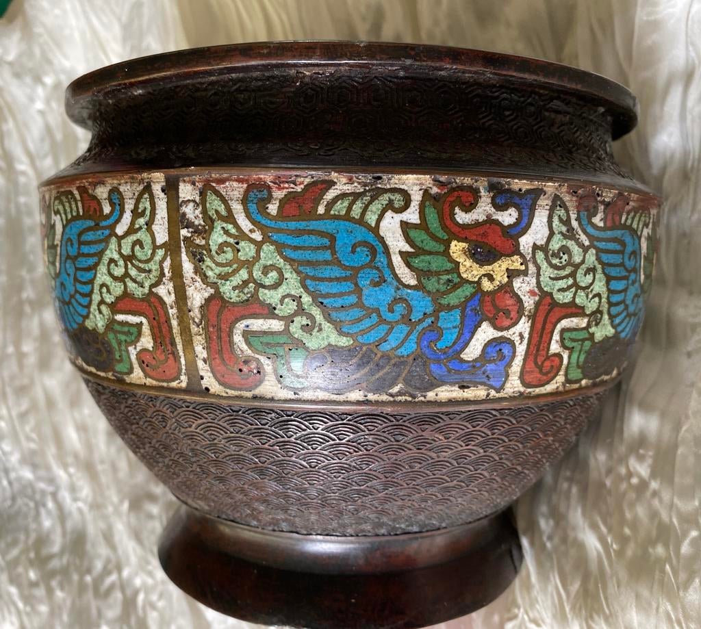 Closionnee plantenpot met decoratie art deco rand, Verzenden, Brons