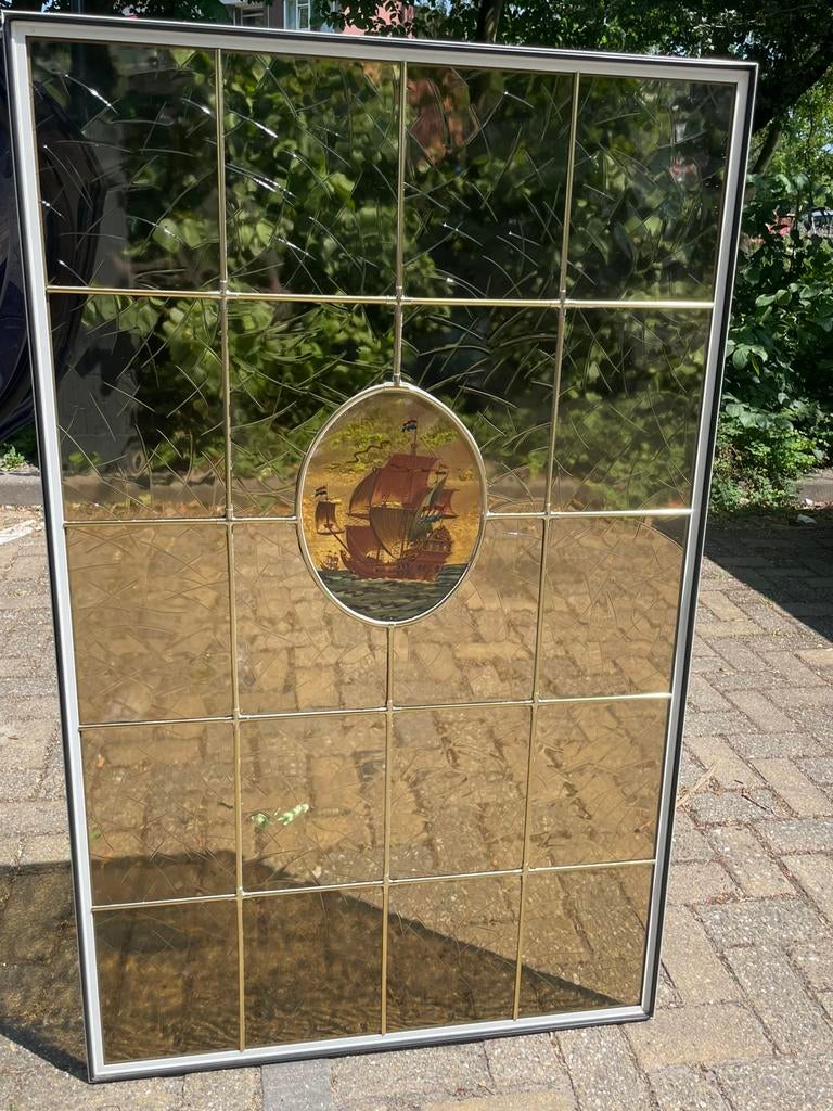Groot raam glas in lood stijl met schip de halve Maen VOC, Ophalen, Zo goed als nieuw