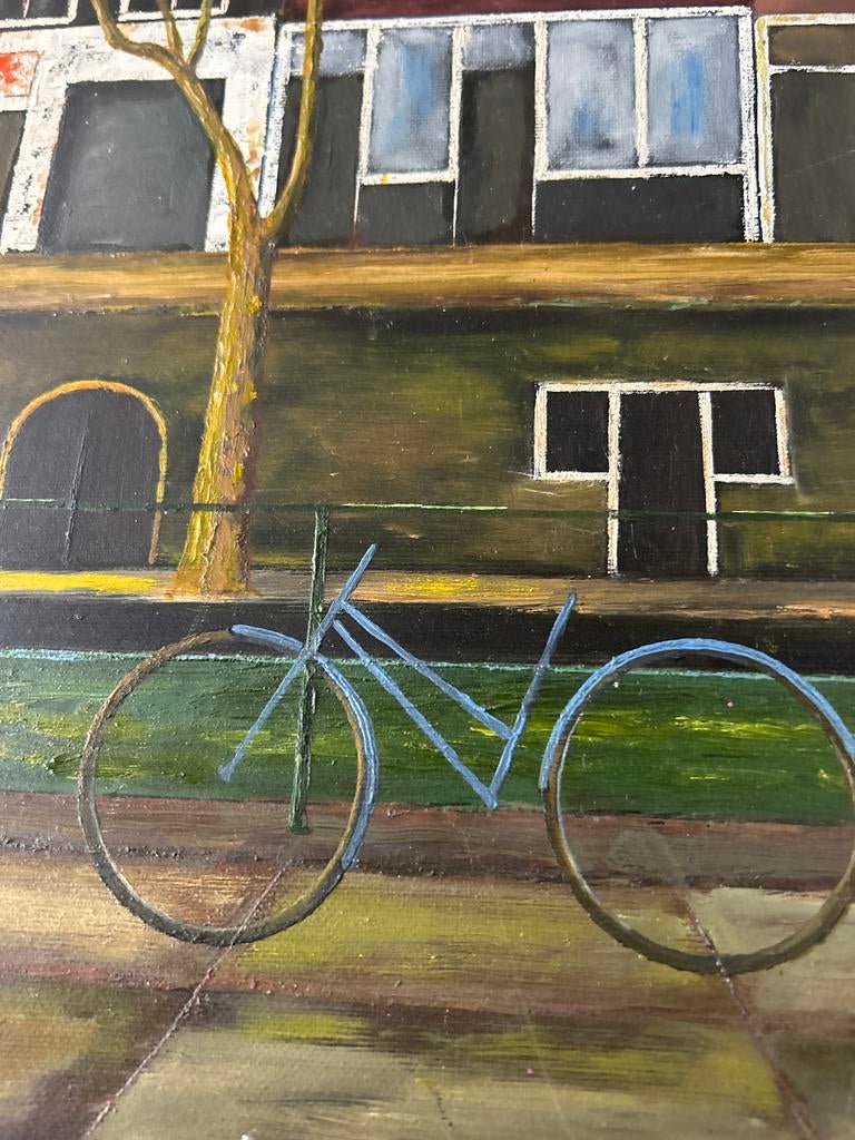 Schilderij grachtenpandjes met fiets, Ophalen of Verzenden