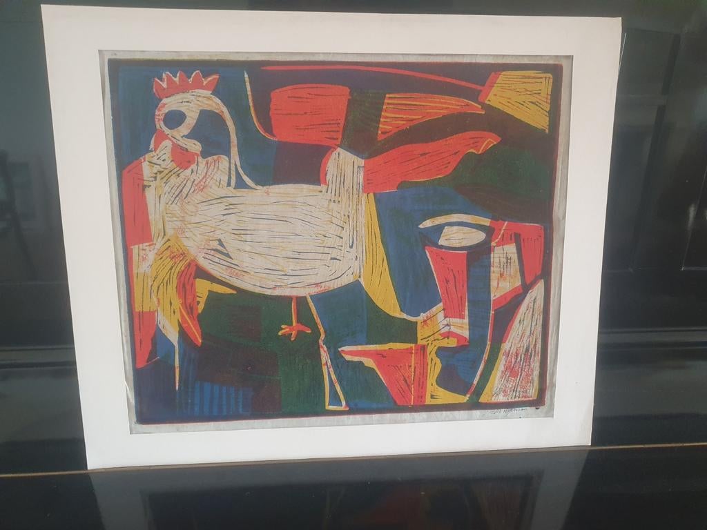 Linosnede op Japans Papier Piet Wiegman koning Haan, Antiek en Kunst, Ophalen, Flora en Fauna, Houtsnede, Gesigneerd