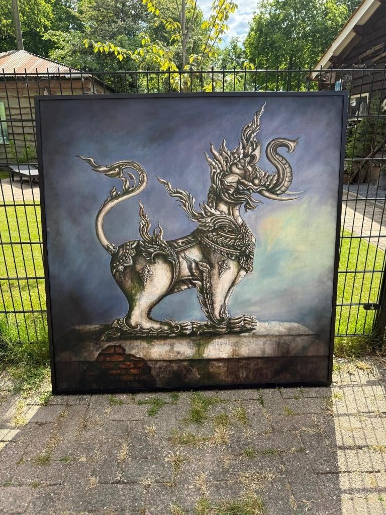 Schilderij gajasimha heroïsche leeuw met olifantenhoofd, Ophalen, 125 cm of meer, Zo goed als nieuw, Schilderij