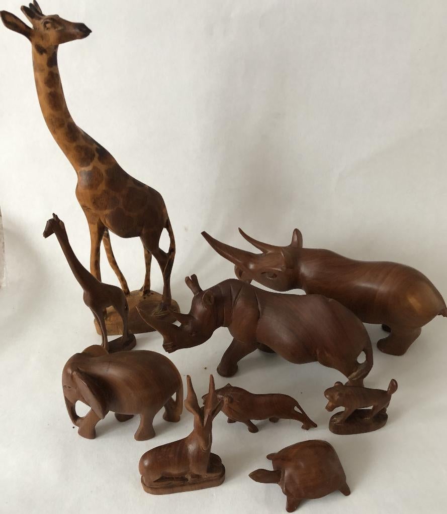 Houten safari beelden, Antiek en Kunst, Overige onderwerpen, Houtsnijwerk, Minder dan 20 cm, Ophalen of Verzenden
