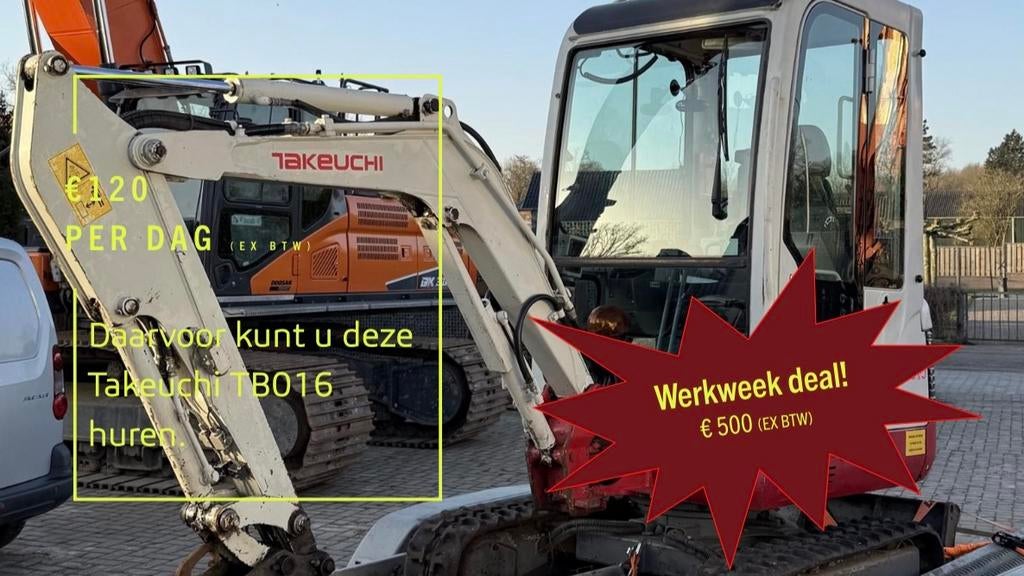 TE HUUR: Mini-graafmachine Takeuchi TB016, Garantie, Tuinontwerp