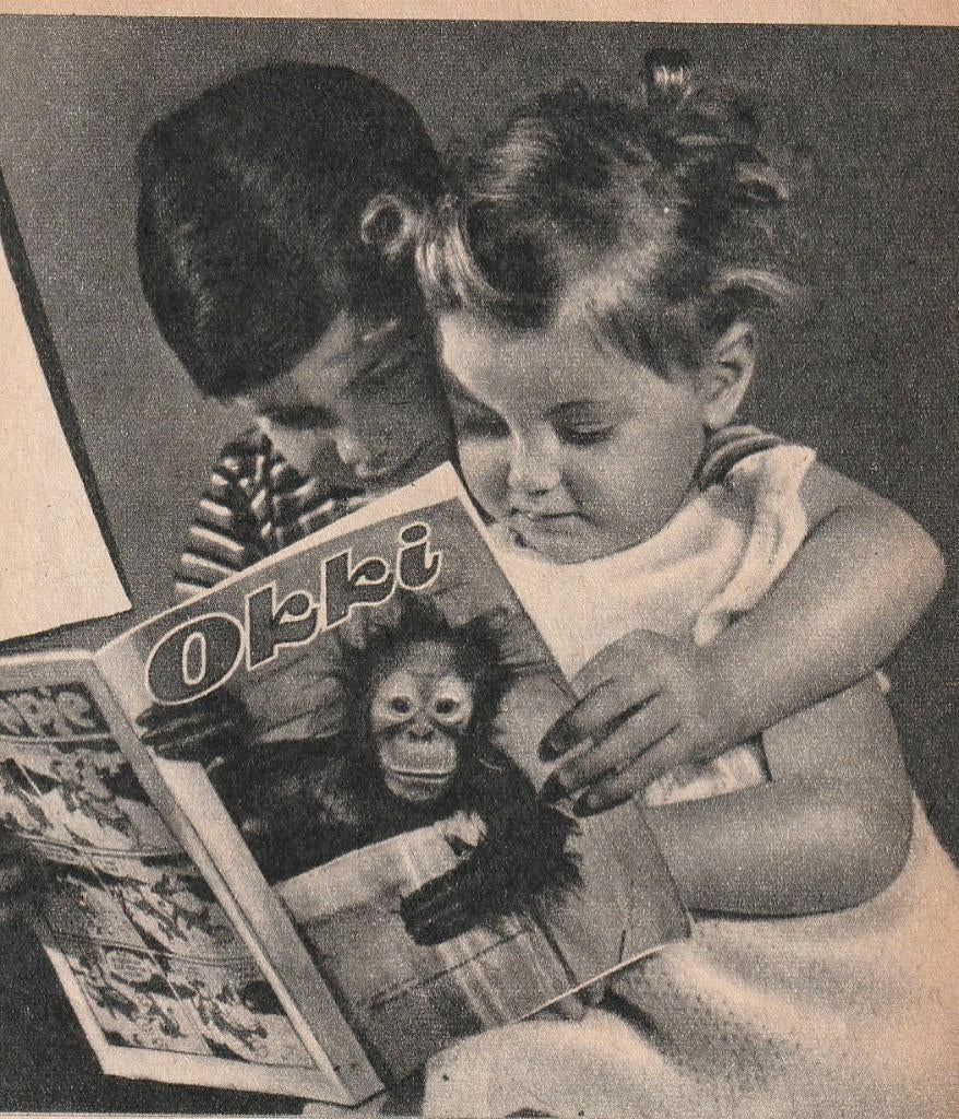 Retro reclame 1955 Taptoe Okki jongetje & meisje lezen, Verzenden, Overige typen