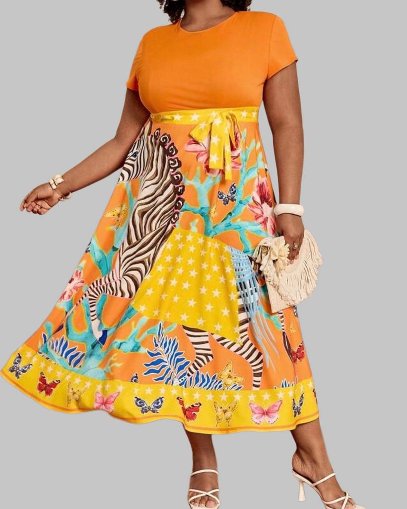 Zomerse Jurk met Levendige Print en Ceintuur (46-54), Verzenden, Nieuw, Oranje, Jurk