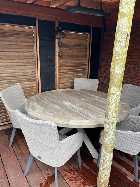 4SO tuinset teak tafel en 6 stoelen met kussen, Tuin en Terras, Ophalen, Gebruikt, 6 zitplaatsen, Teakhout