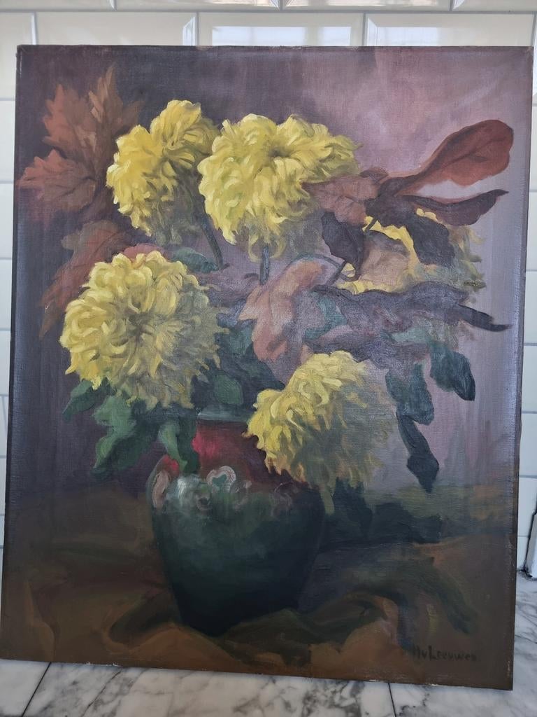 Schilderij stilleven chrysanten in vaas H van Leeuwen, Ophalen