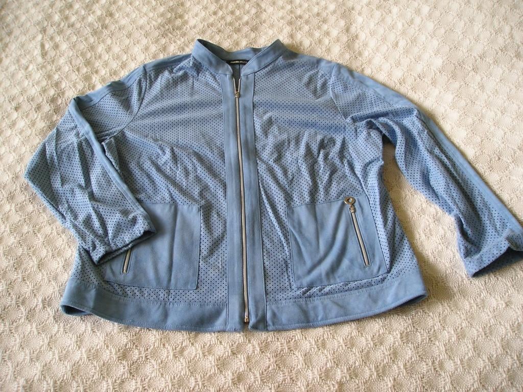 prachtig apart blauw suedine jasje Frank Walder maat 46, Ophalen, Blauw, Maat 46/48 (XL) of groter, Zo goed als nieuw