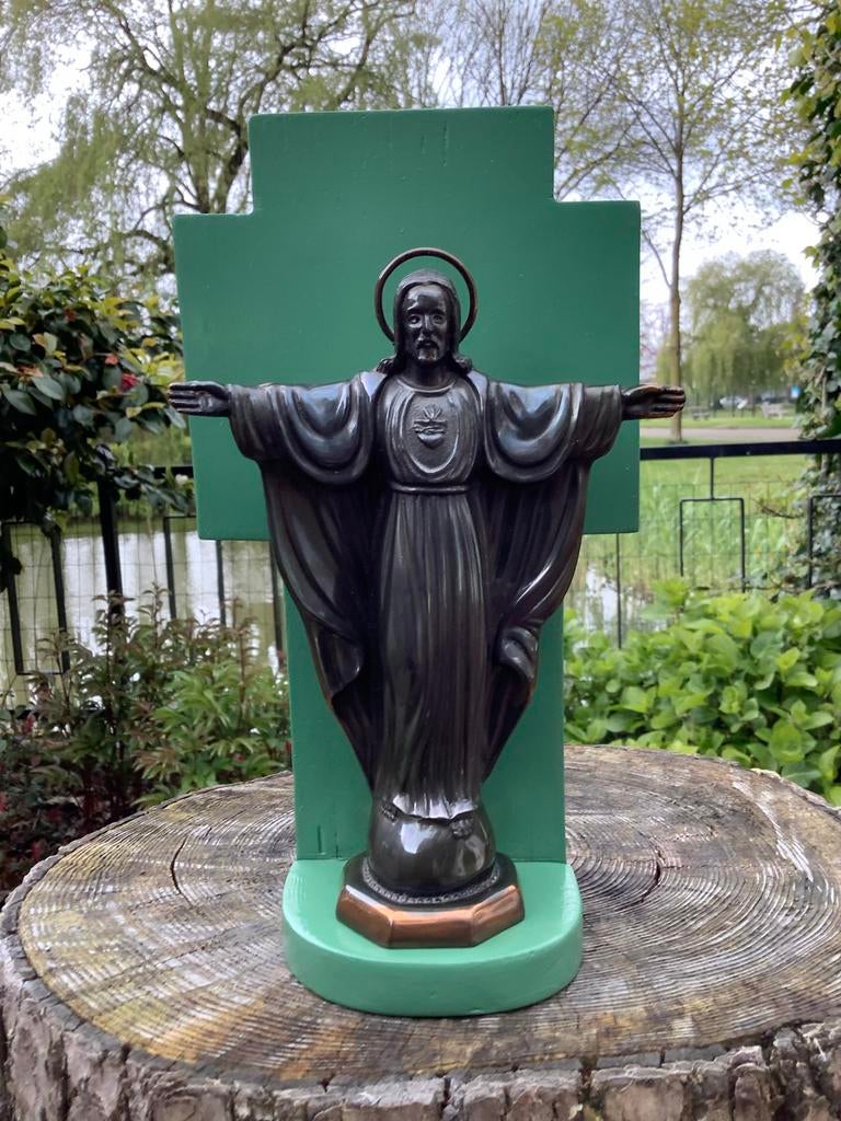 Prachtig bronzen Jezusbeeld ❤️ met houten console, Ophalen of Verzenden