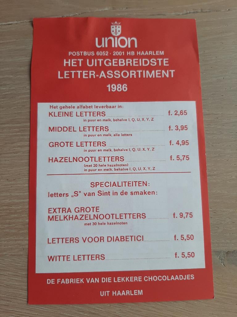 bestelformulier Chocolade letters sinterklaas Union Haarlem, Gebruikt, Overige typen, Ophalen of Verzenden, X