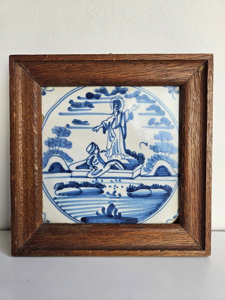 Antieke Delfts Blauwe Bijbelse Tegel - 18e Eeuw, Ophalen of Verzenden