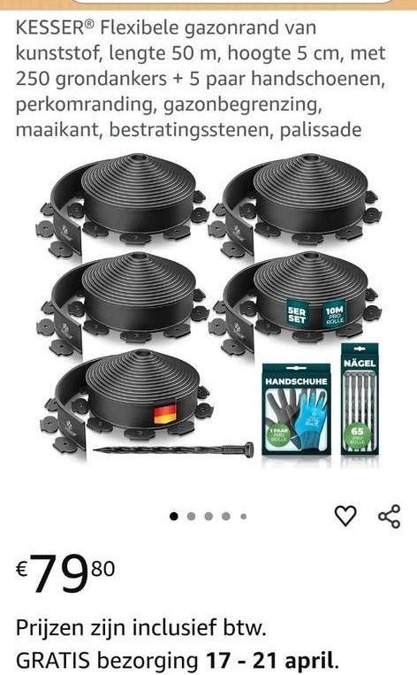 KESSER® Flexibele Gazonrand Van Kunststof, Lengte 10 M, Hoogte 5 Cm Met 50 Grondankers 1 Paar Han 1
