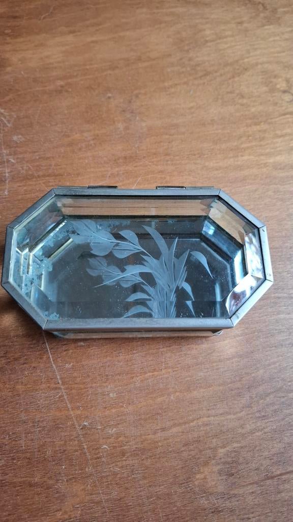 vintage glazen geëtst sieradendoosje juwelendoosje, Ophalen of Verzenden