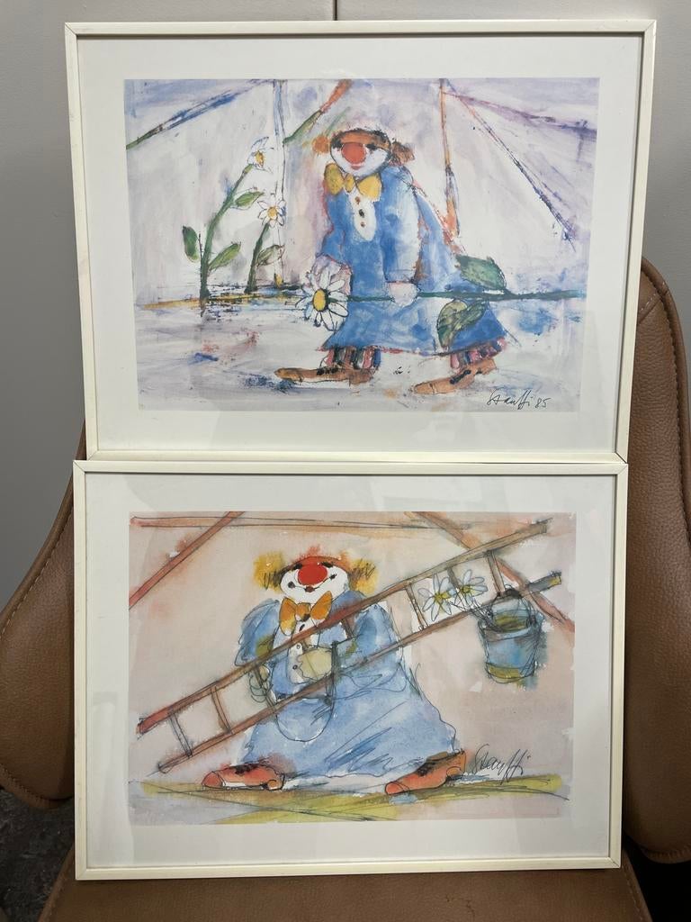 Paul Stauffenegger twee ingelijste clown aquarellen, Ophalen of Verzenden
