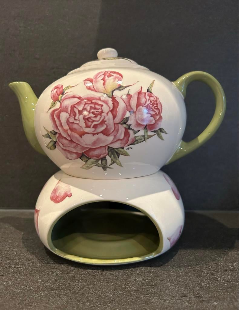 Jet theepot met rechaud - pioenrozen, Ophalen of Verzenden, Zo goed als nieuw