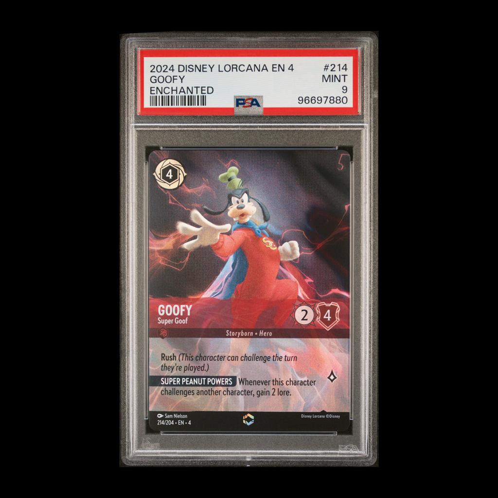 Disney Lorcana Goofy Enchanted #214 PSA 9, Ophalen of Verzenden, Zo goed als nieuw, Losse kaart, Foil