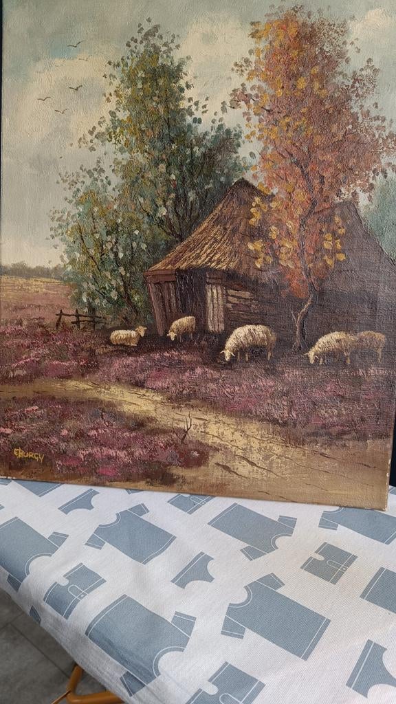 Schilderij: Herfstlandschap met schapen en boerderij, Antiek en Kunst, Kunst | Schilderijen | Klassiek, Ophalen of Verzenden