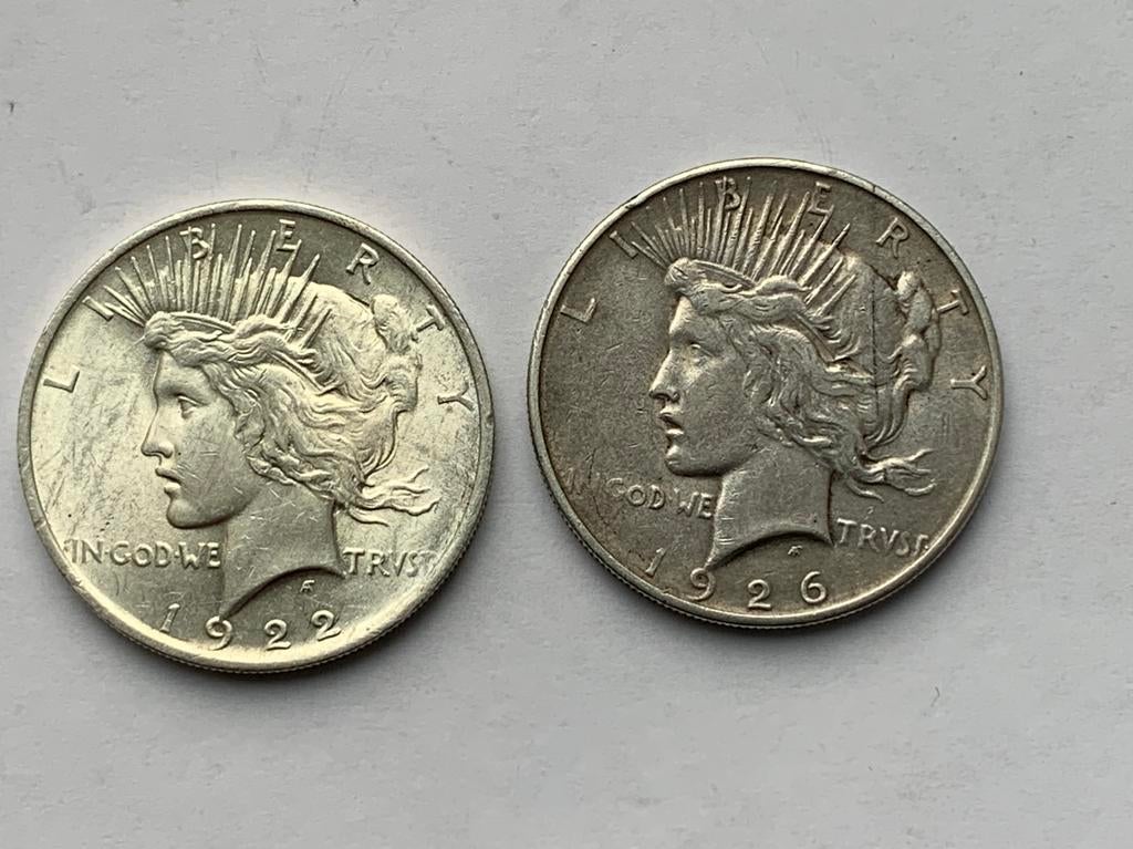2 prachtige zilveren peace dollars 1922 en 1926, Ophalen of Verzenden, Noord-Amerika