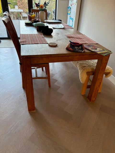 Teak eetkamertafel incl 3 stoelen, Huis en Inrichting, 200 cm of meer, Zo goed als nieuw, Rechthoekig, 50 tot 100 cm