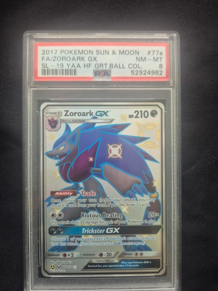 Zoroark GX PSA 8 NM-MT 2017 Pokemon Sun & Moon #77B, Hobby en Vrije tijd, Verzamelkaartspellen | Pokémon, Ophalen of Verzenden