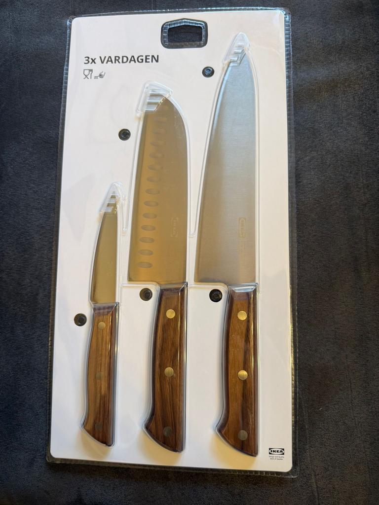IKEA VARDAGEN Messenset - 3 Keukenmessen met Houten Handvat, Ophalen of Verzenden, Nieuw, Rvs of Chroom, Bestekset