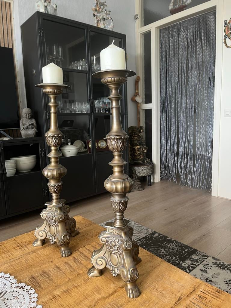 Antieke Altaar Kandelaars - Set van 2, Ophalen of Verzenden, Koper of Brons