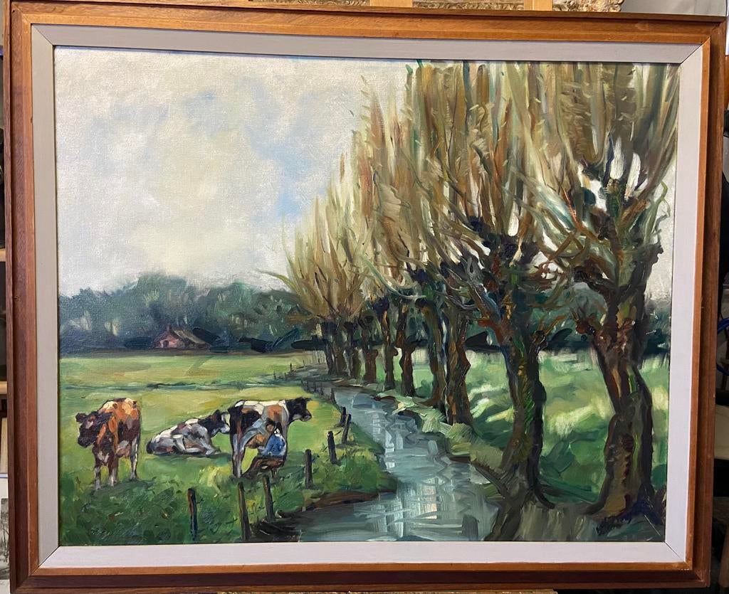 Landschap met koeien wilgen weide en sloot, Antiek en Kunst, Kunst | Schilderijen | Klassiek, Ophalen of Verzenden