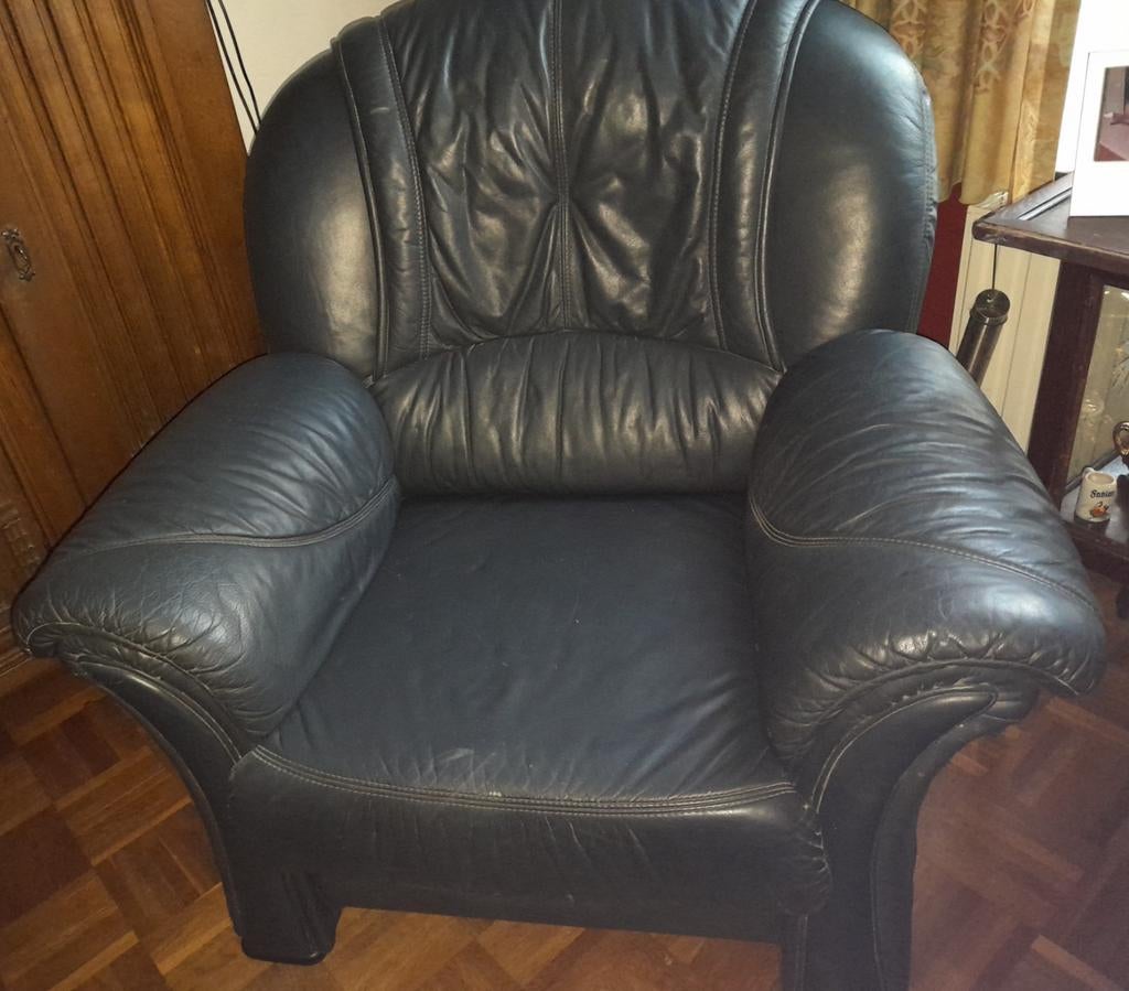 Comfortabele FAUTEUIL Donker blauw  - Echt leer -, Ophalen, Gebruikt, 100 tot 125 cm, Leer