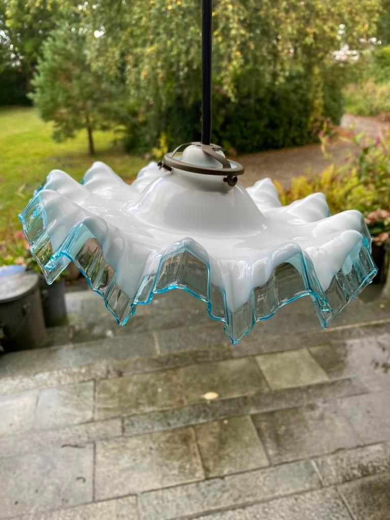 Vintage Pie Crust art deco glazen hanglamp, Huis en Inrichting, Lampen | Hanglampen, Ophalen of Verzenden, Gebruikt, Art deco