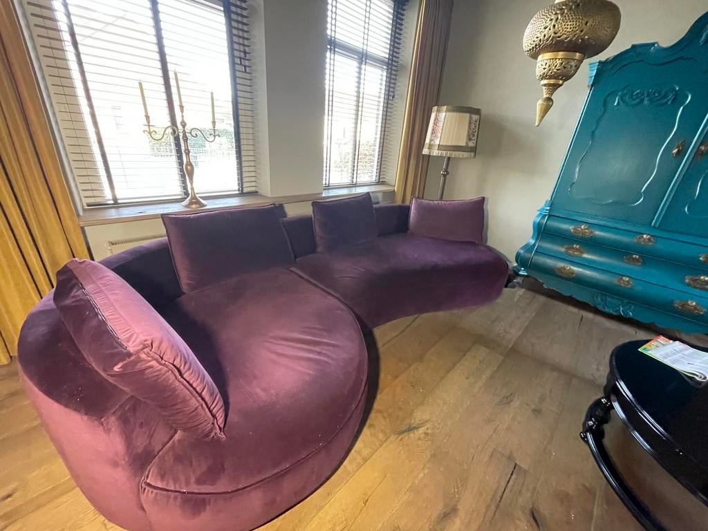 Design bank paarse velours stof, Ophalen, Modern design, Gebruikt, 125 tot 150 cm